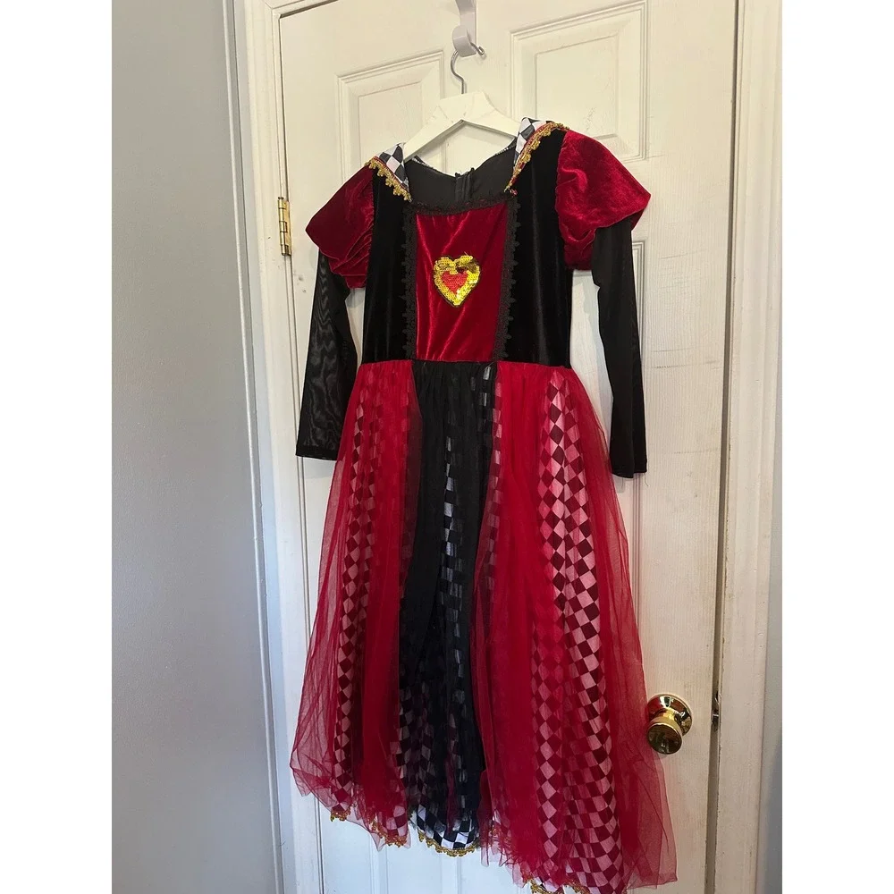 Kids Queen of Hearts Costume Dress Red Black Velvet Tulle Sequin Heart Halloween
